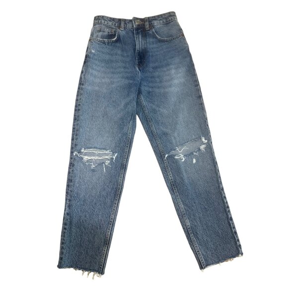 Zara Denim - Zara High Rise Jeans Women 4 Blue Distressed Rigid Casual Contemporay Raw Hem